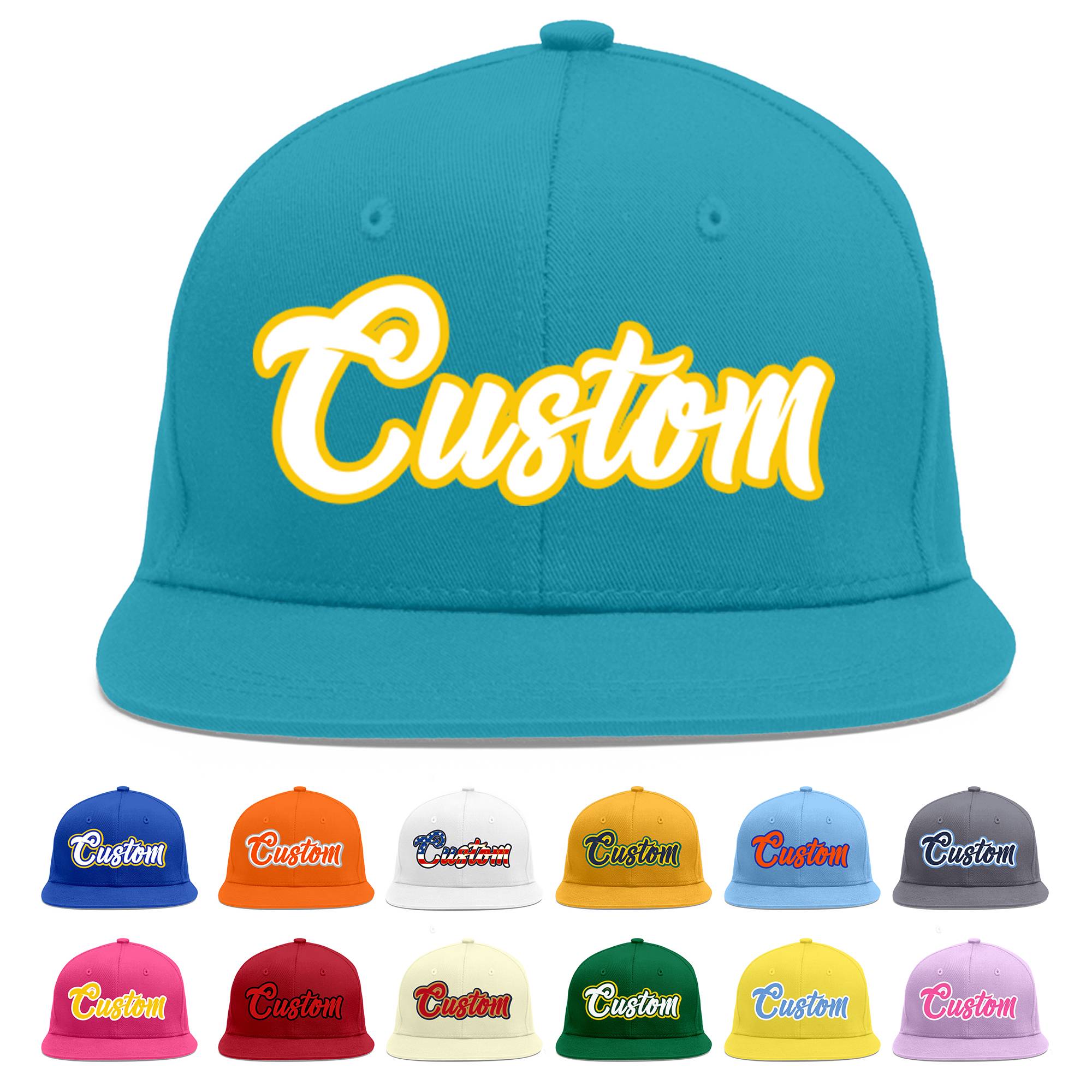 Custom Aqua White-Gold Flat Eaves Sport Baseball Cap