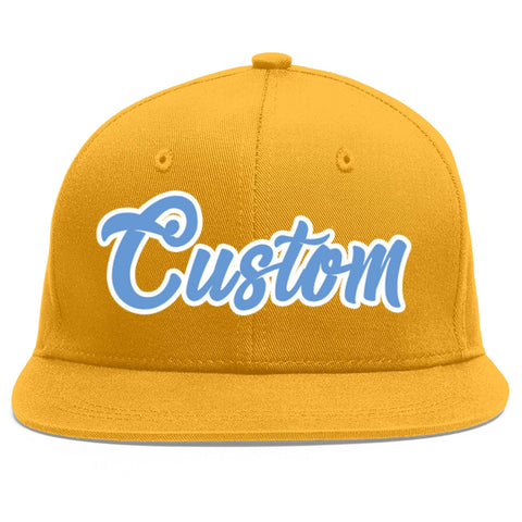 Custom Gold Light Blue-White Flat Eaves Sport Baseball Cap