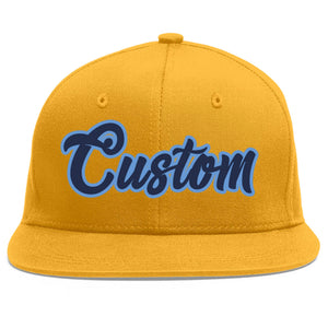 Custom Gold Navy-Light Blue Flat Eaves Sport Baseball Cap