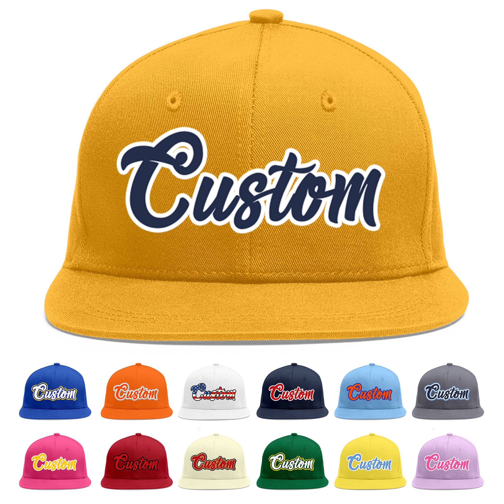 Custom Gold Navy-White Flat Eaves Sport Baseball Cap