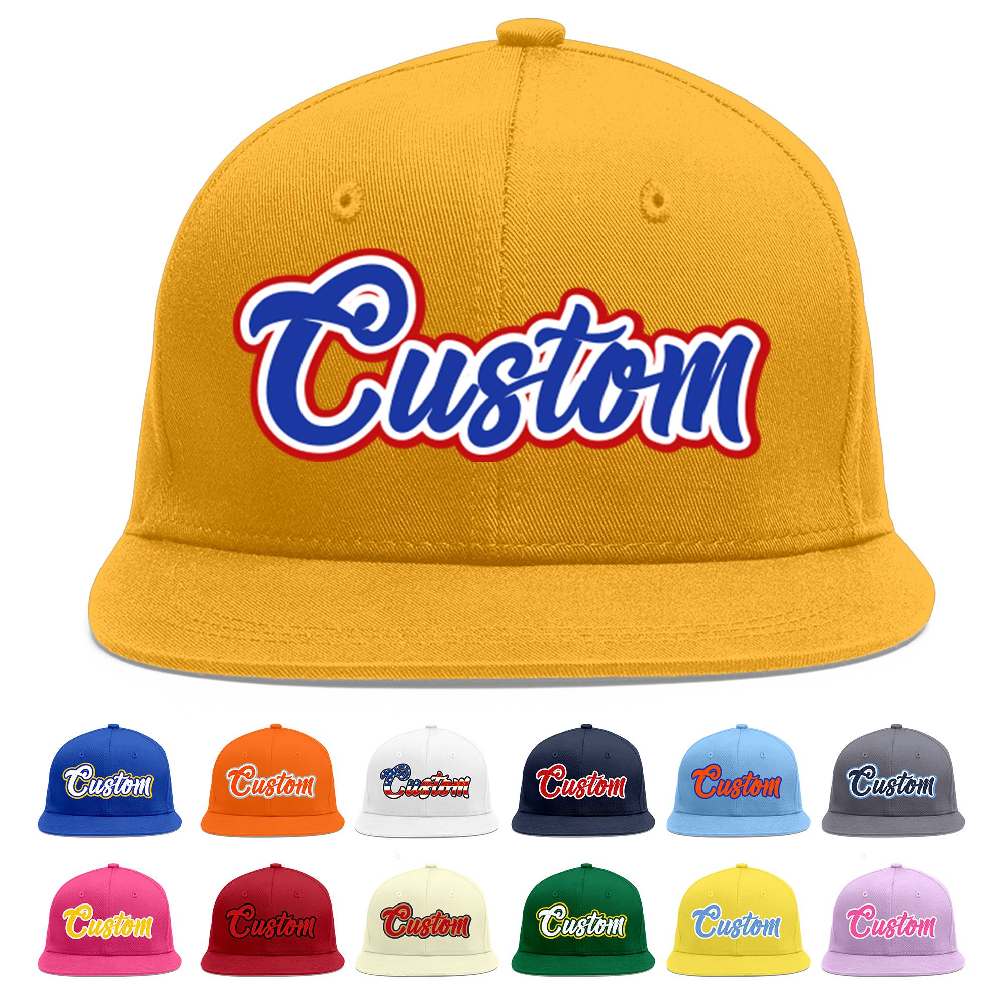 Custom Gold Royal-White Flat Eaves Sport Baseball Cap