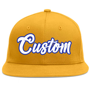 Casquette de baseball personnalisée Gold White-Royal Flat Eaves Sport