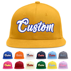 Casquette de baseball personnalisée Gold White-Royal Flat Eaves Sport