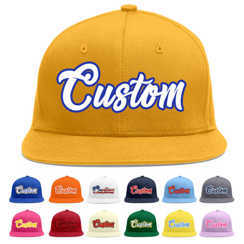 Custom Gold White-Royal Flat Eaves Sport Baseball Cap