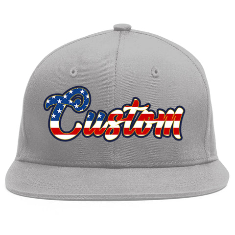 Custom Gray Vintage USA Flag-Gold Flat Eaves Sport Baseball Cap