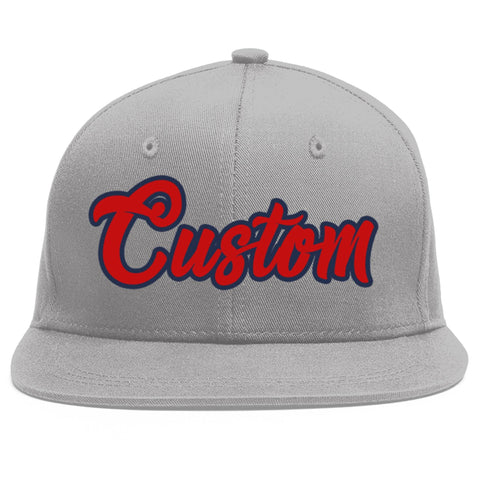 Custom Gray Red-Navy Flat Eaves Sport Baseball Cap