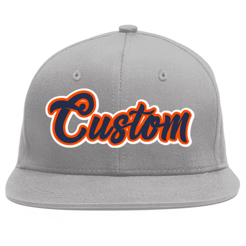 Custom Gray Navy-Orange Flat Eaves Sport Baseball Cap