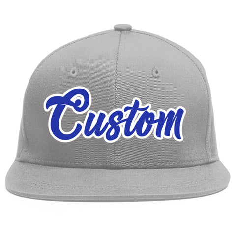 Custom Gray Royal-White Flat Eaves Sport Baseball Cap