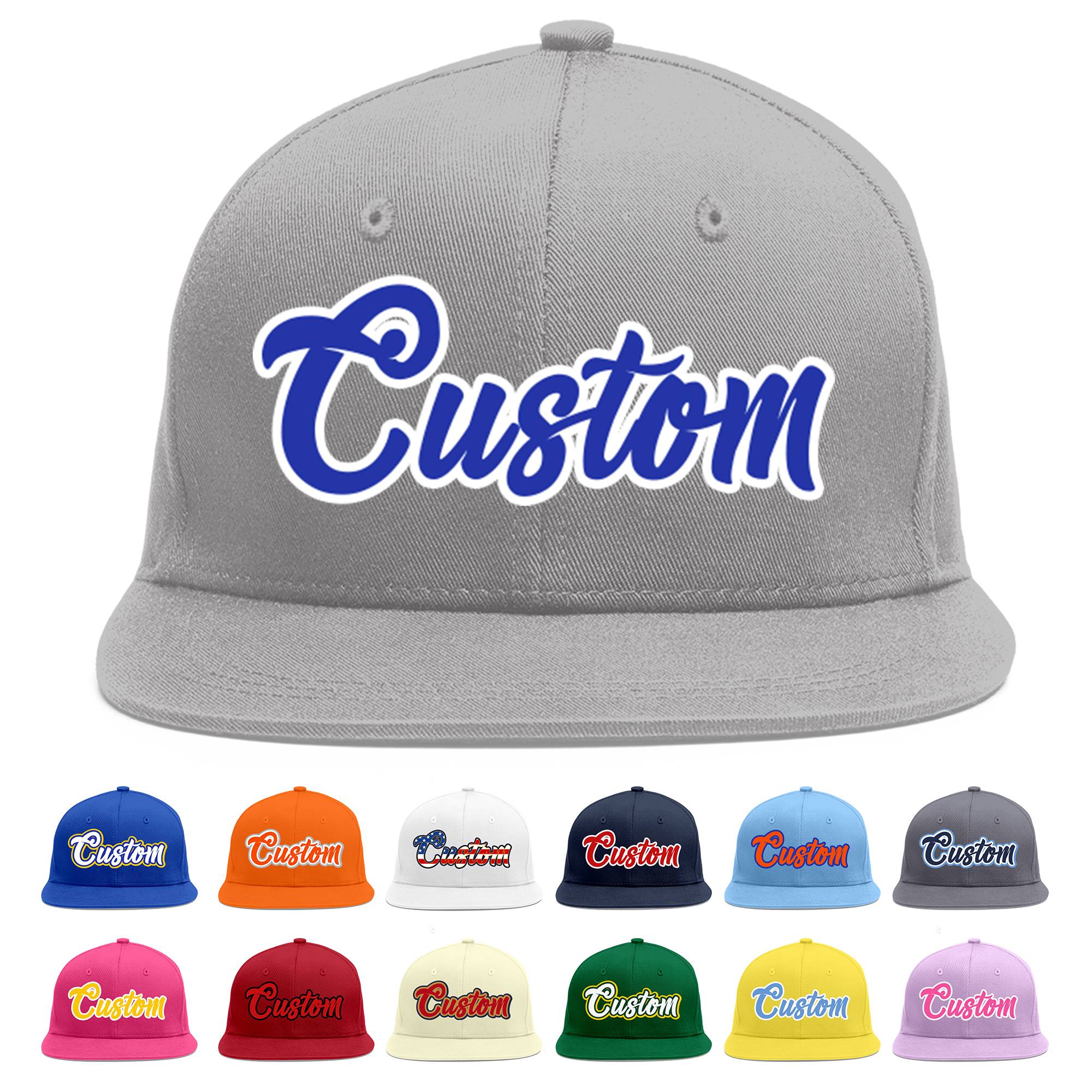 Custom Gray Royal-White Flat Eaves Sport Baseball Cap