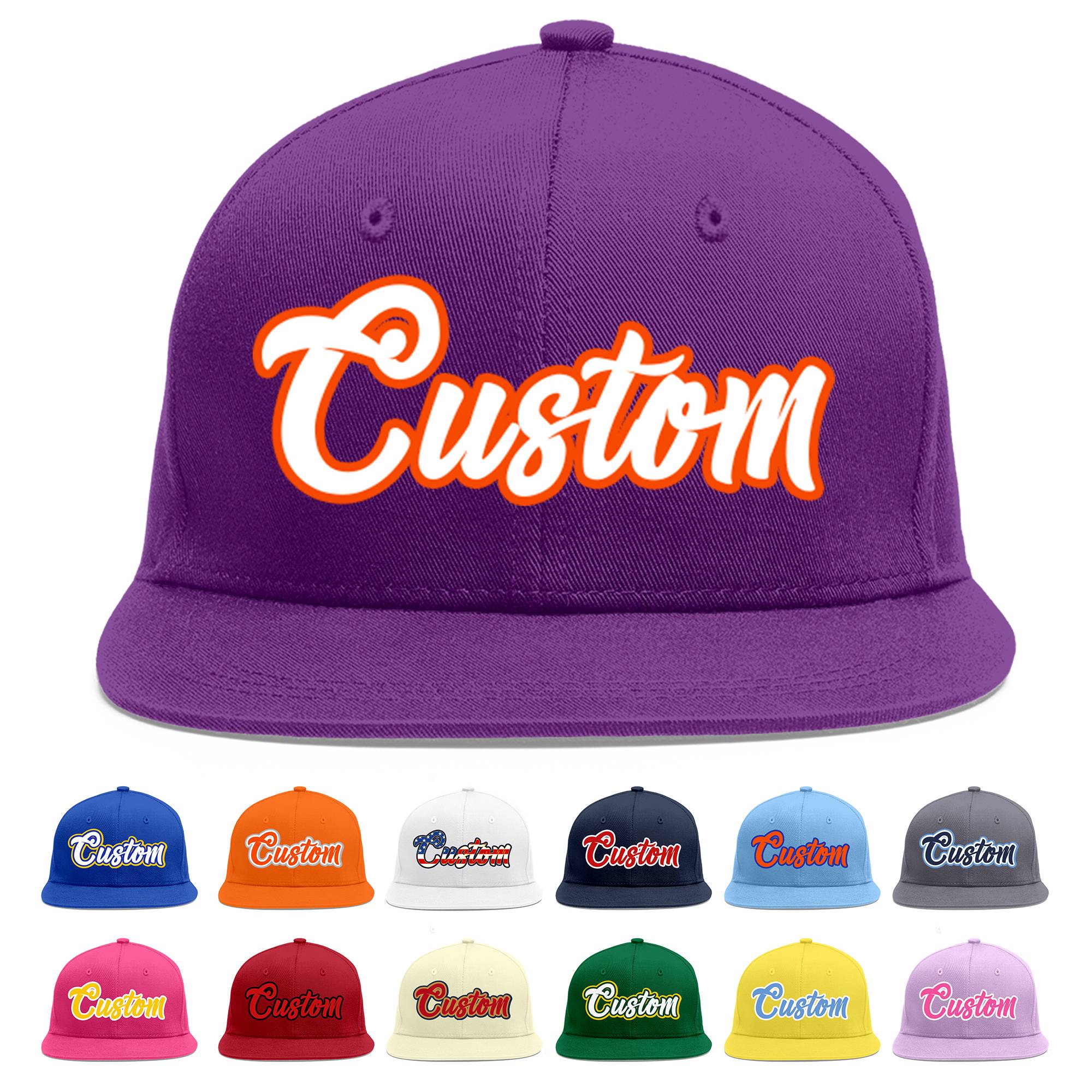 Casquette de baseball sport personnalisée violet blanc-orange à avant-toit plat