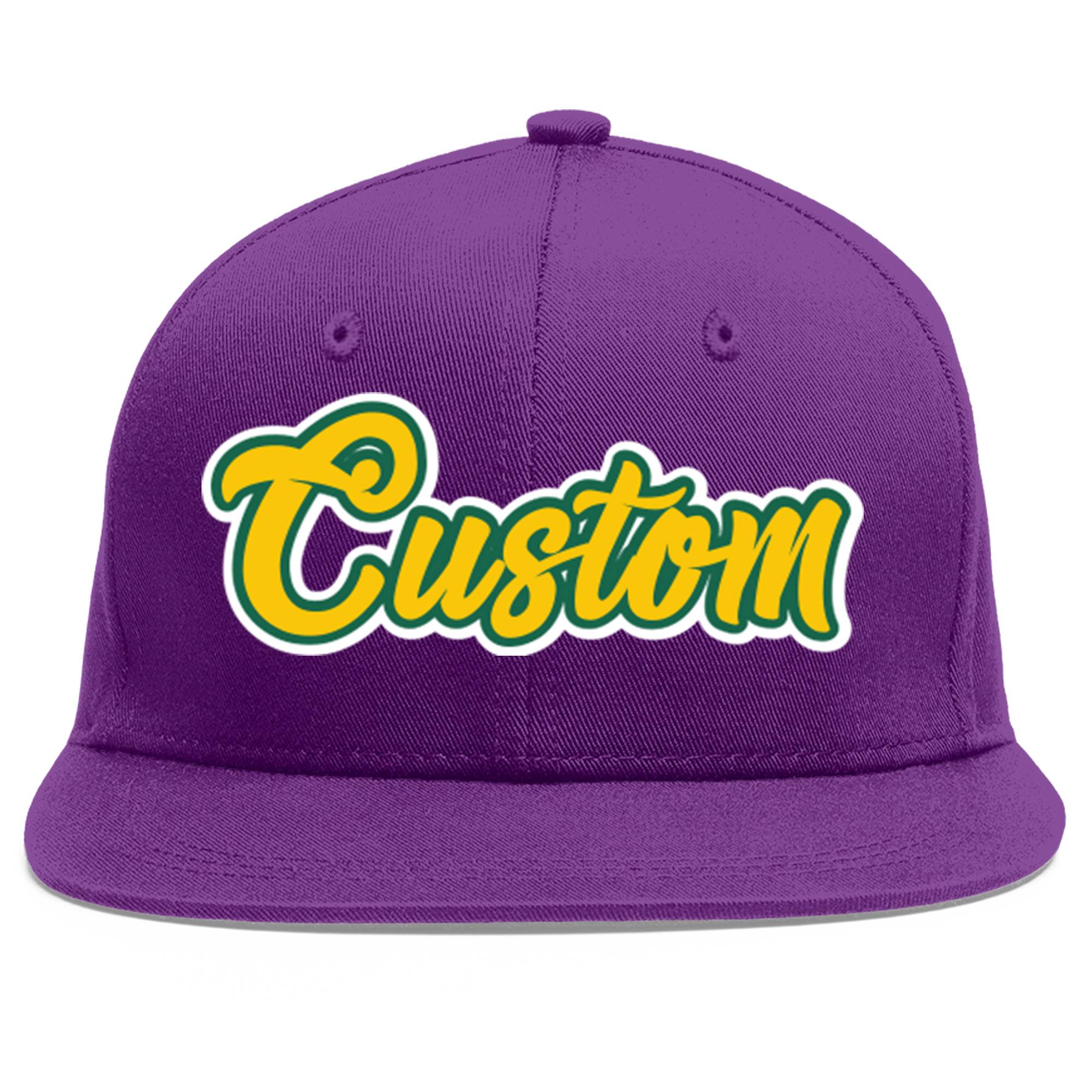 Casquette de baseball sport personnalisée violet or-Kelly vert plat avant-toit