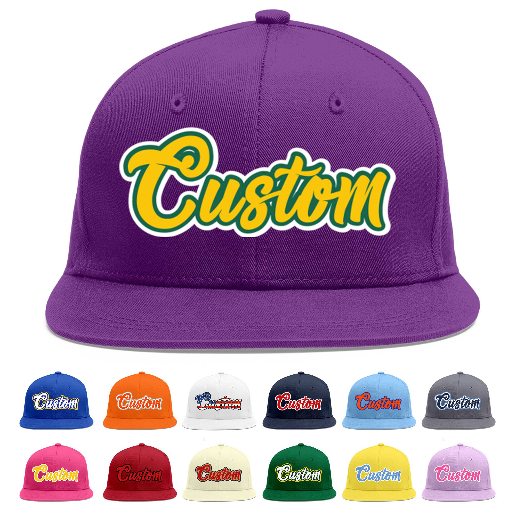 Casquette de baseball sport personnalisée violet or-Kelly vert plat avant-toit