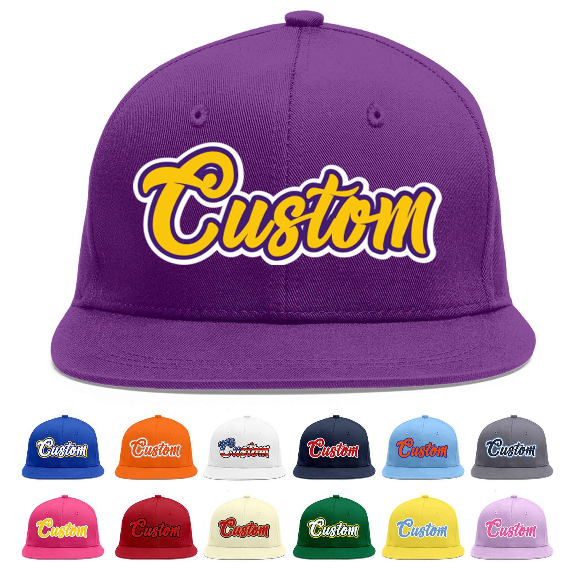 Casquette de baseball sport personnalisée violet or-violet plat avant-toit