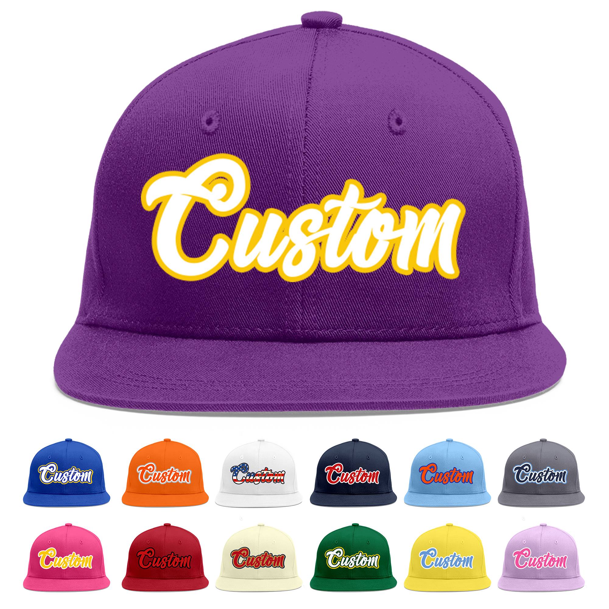 Casquette de baseball sport personnalisée violet blanc-or Flat Eaves