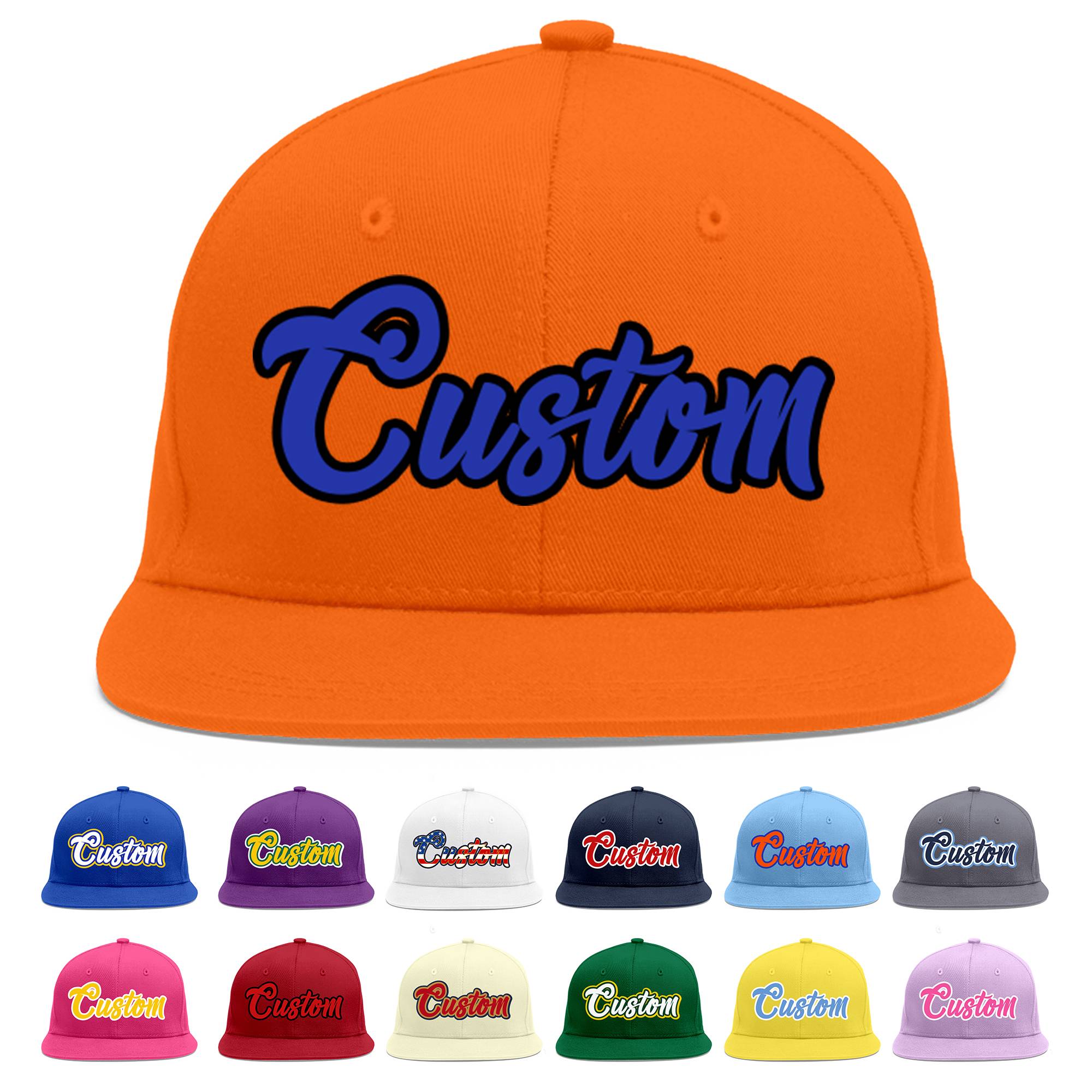 Custom Orange Royal-Black Flat Eaves Sport Baseball Cap