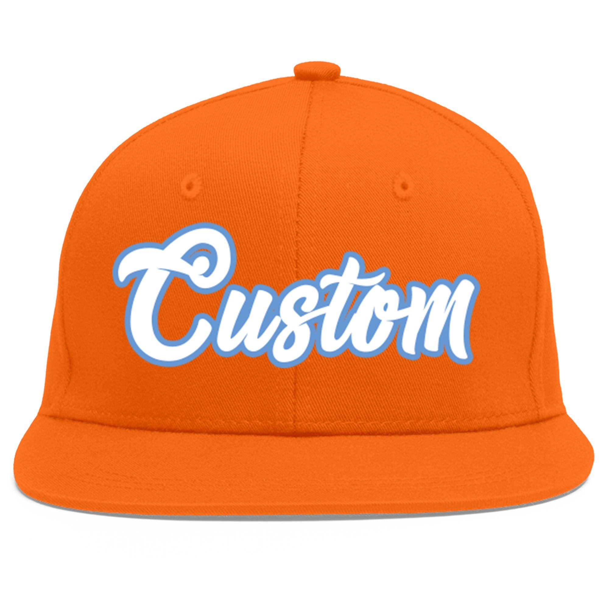 Custom Orange White-Light Blue Flat Eaves Sport Baseball Cap