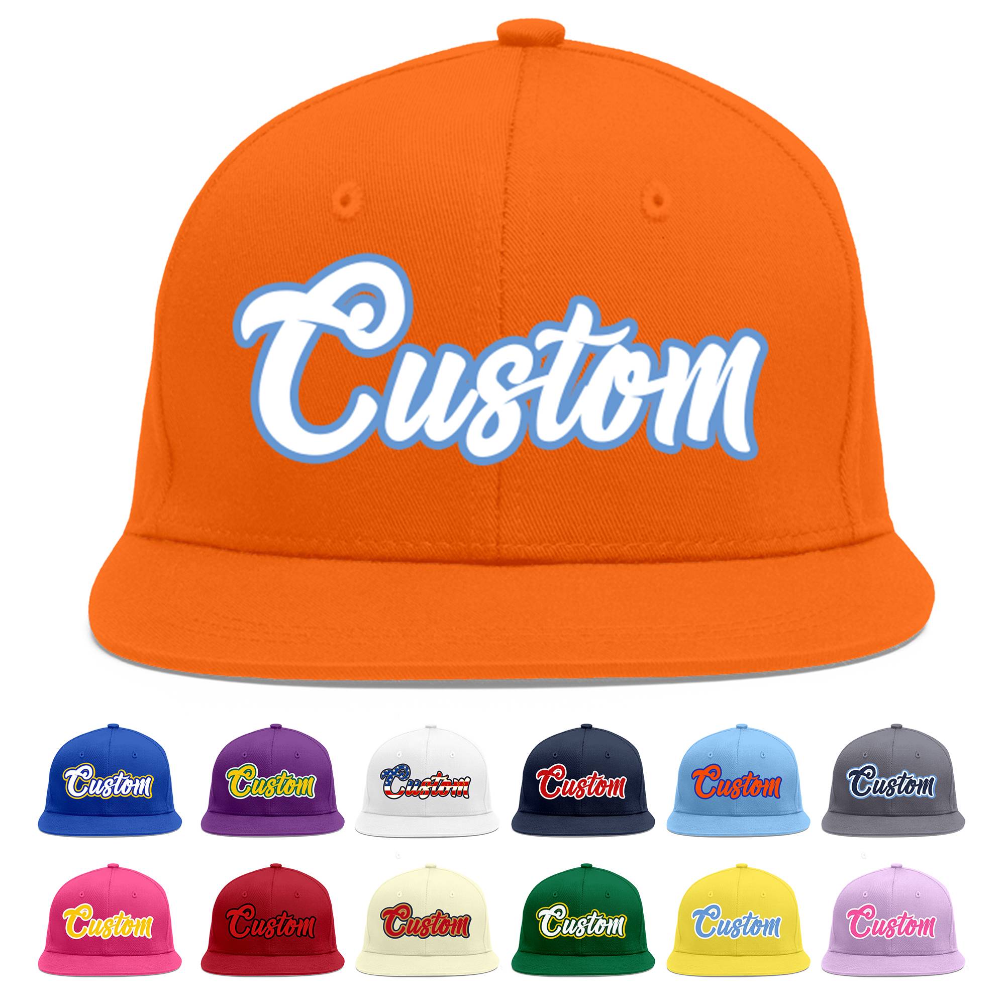 Custom Orange White-Light Blue Flat Eaves Sport Baseball Cap