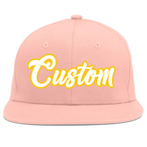 Custom Pink White-Gold Flat Eaves Sport Baseball Cap