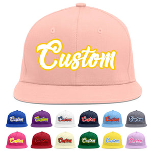 Custom Pink White-Gold Flat Eaves Sport Baseball Cap