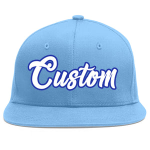 Custom Light Blue White-Royal Flat Eaves Sport Baseball Cap