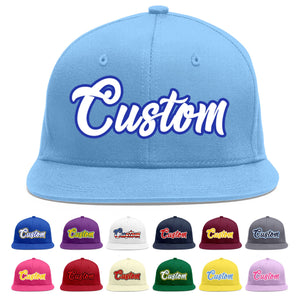 Custom Light Blue White-Royal Flat Eaves Sport Baseball Cap