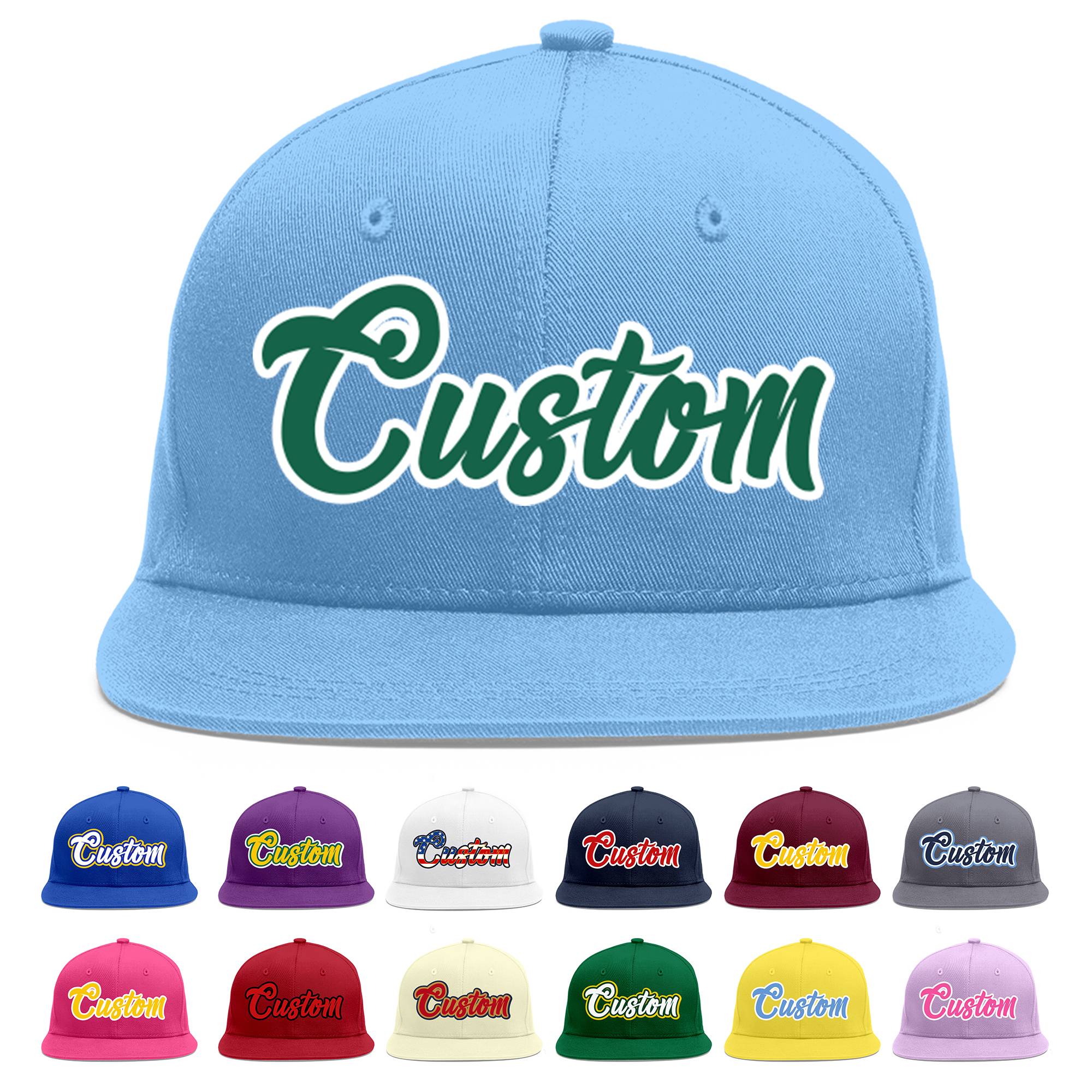 Casquette de baseball sport personnalisée bleu clair Kelly vert-blanc Flat Eaves