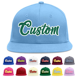 Custom Light Blue Kelly Green-White Flat Eaves Sport Baseball Cap