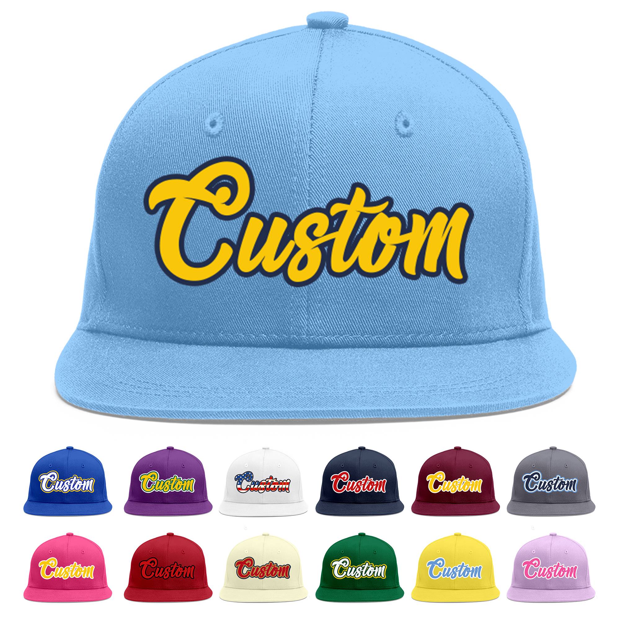 Casquette de baseball sport personnalisée bleu clair or-marine Flat Eaves