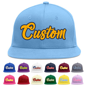 Custom Light Blue Yellow-Navy Flat Eaves Sport Baseball Cap