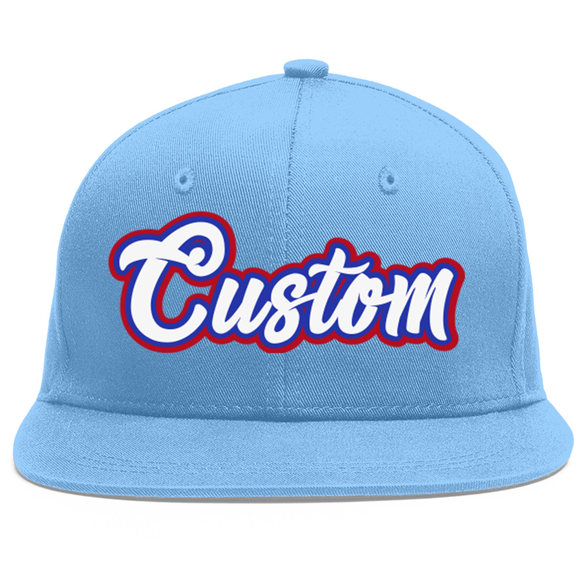 Custom Light Blue White-Royal Flat Eaves Sport Baseball Cap