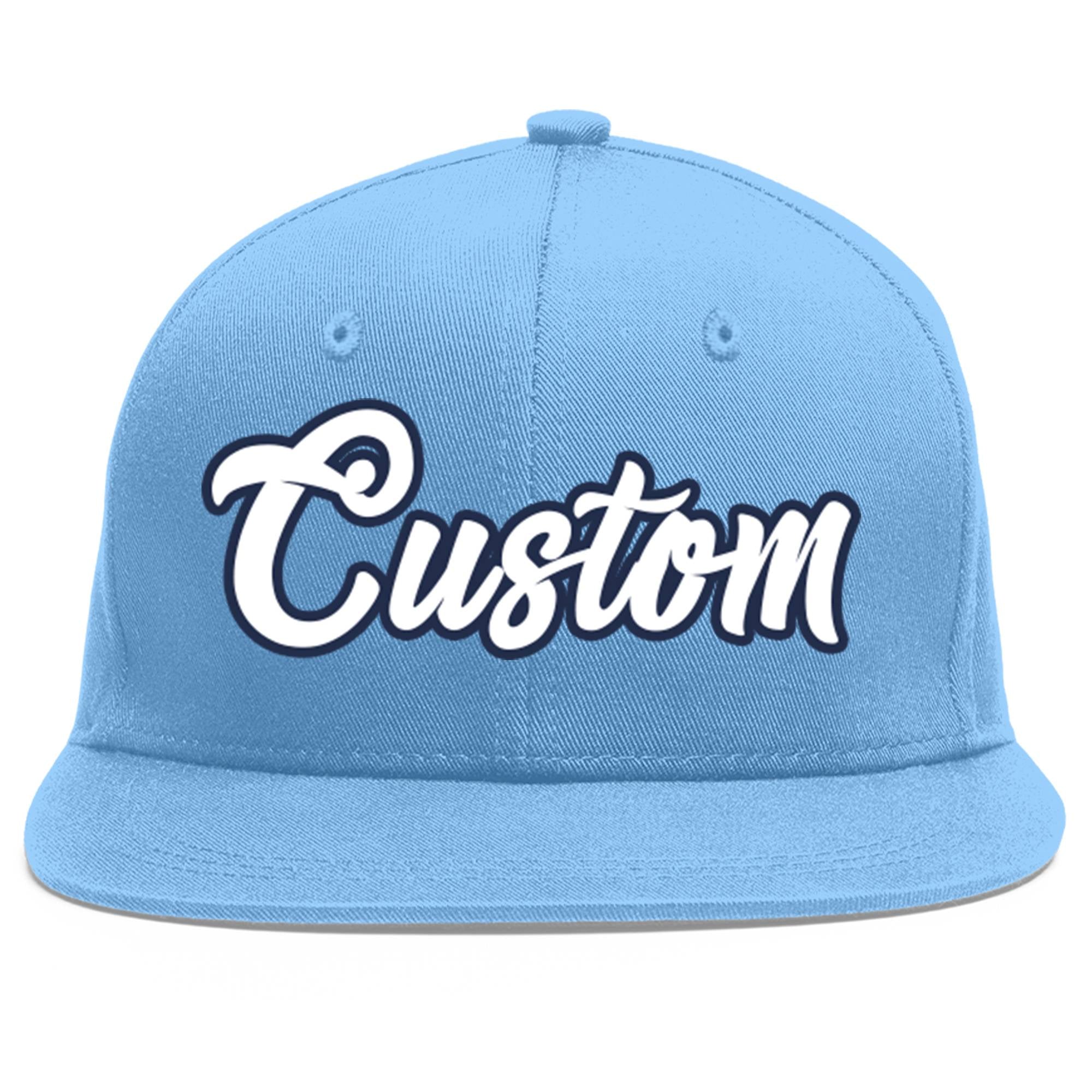 Custom Light Blue White-Navy Flat Eaves Sport Baseball Cap