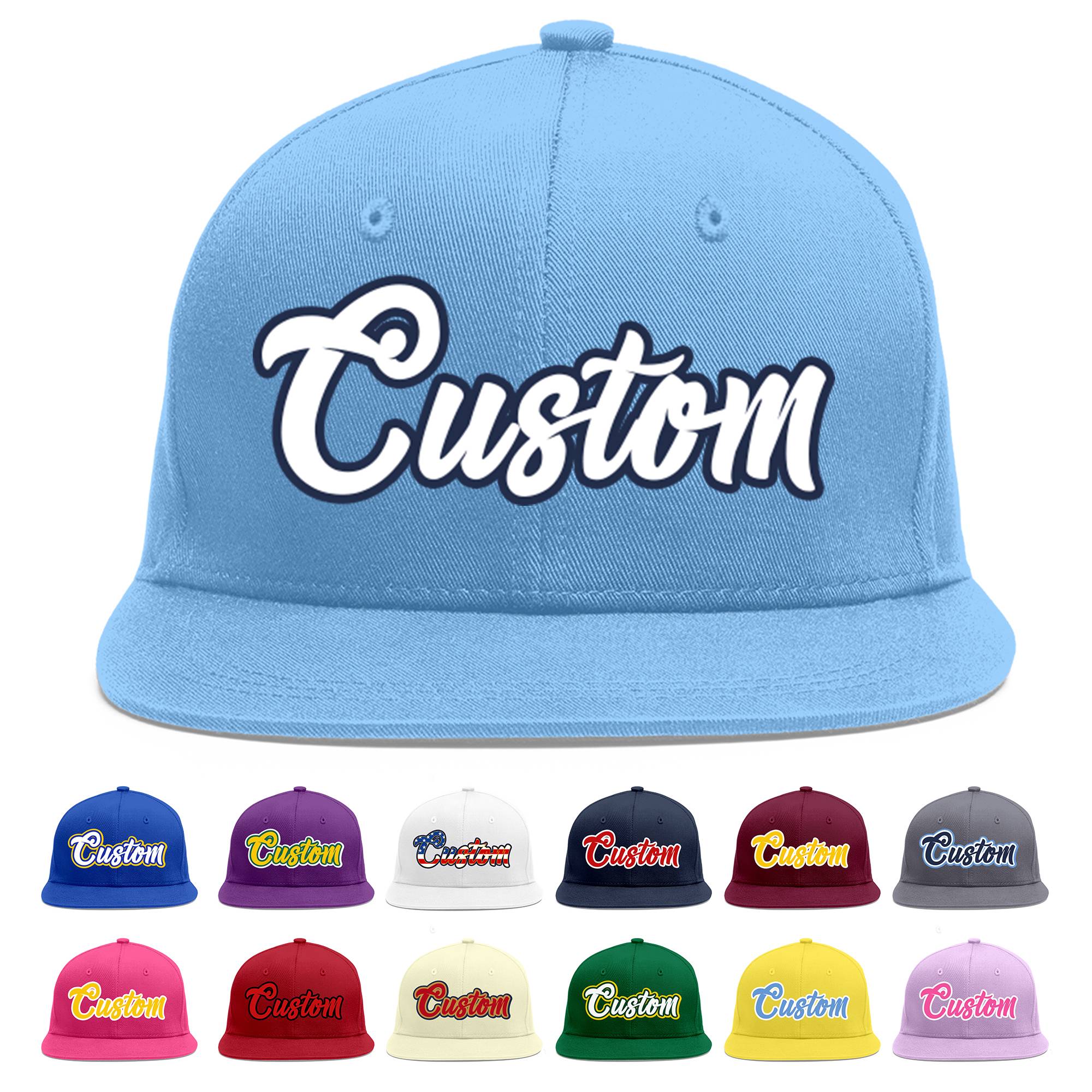 Custom Light Blue White-Navy Flat Eaves Sport Baseball Cap