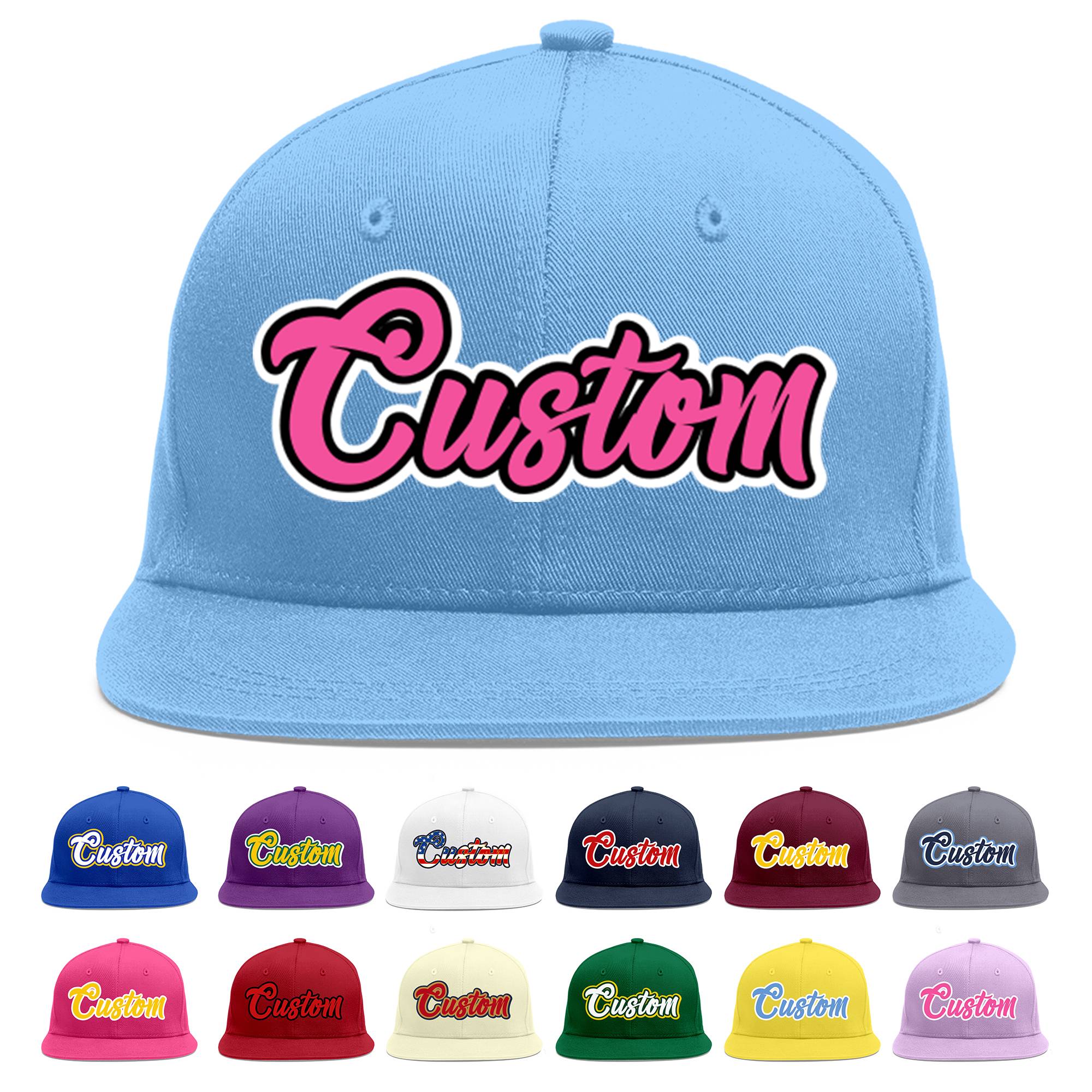 Custom Light Blue Pink-Black Flat Eaves Sport Baseball Cap