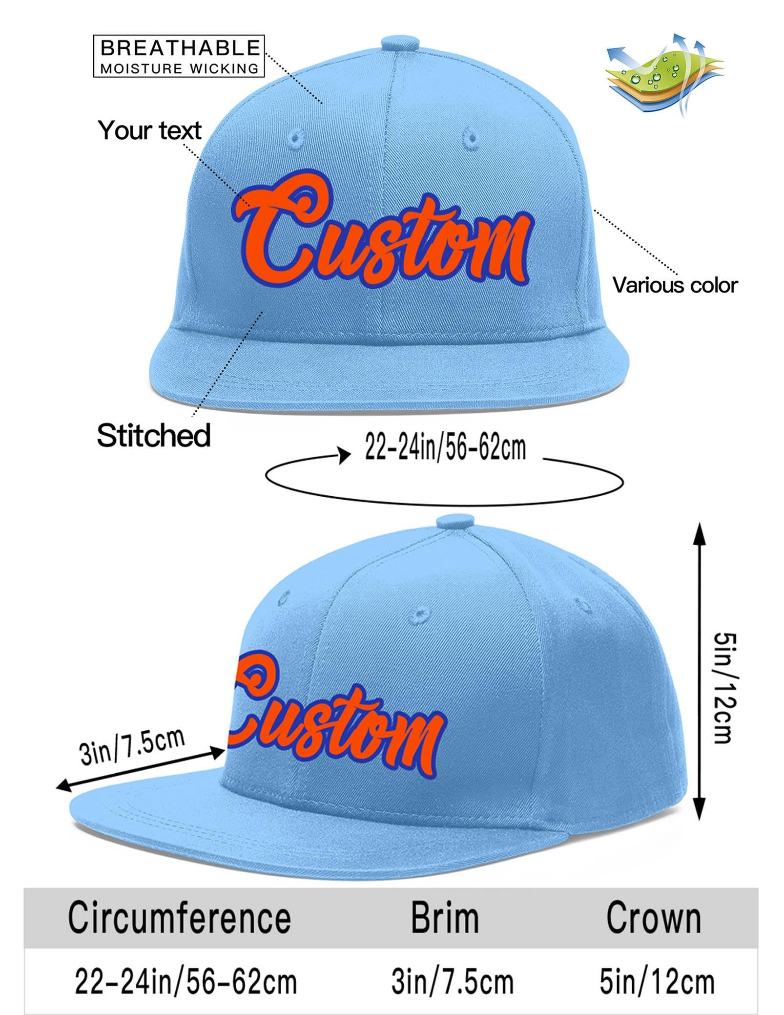 Custom Light Blue Orange-Royal Flat Eaves Sport Baseball Cap