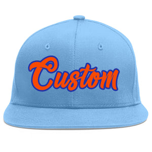 Custom Light Blue Orange-Royal Flat Eaves Sport Baseball Cap