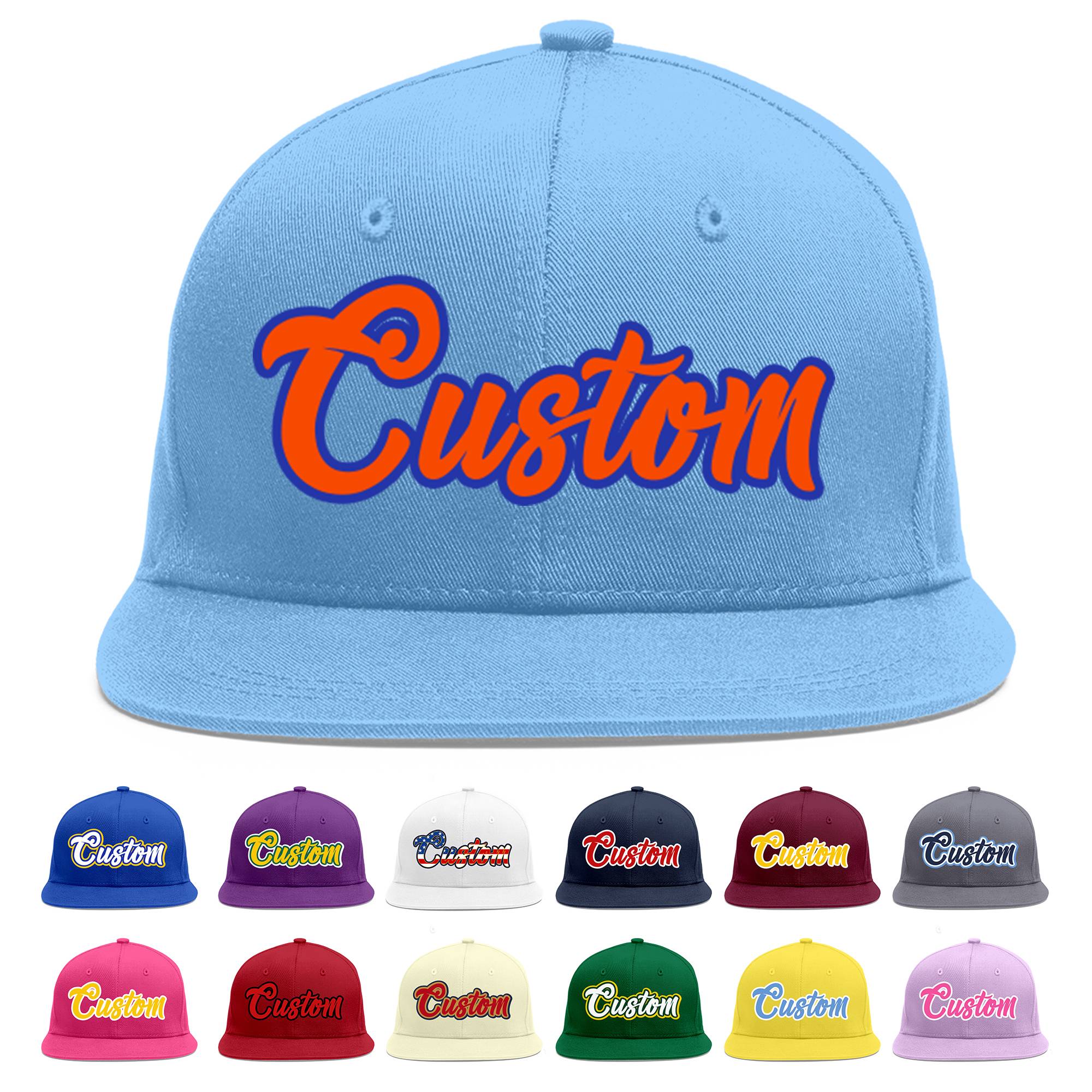 Custom Light Blue Orange-Royal Flat Eaves Sport Baseball Cap