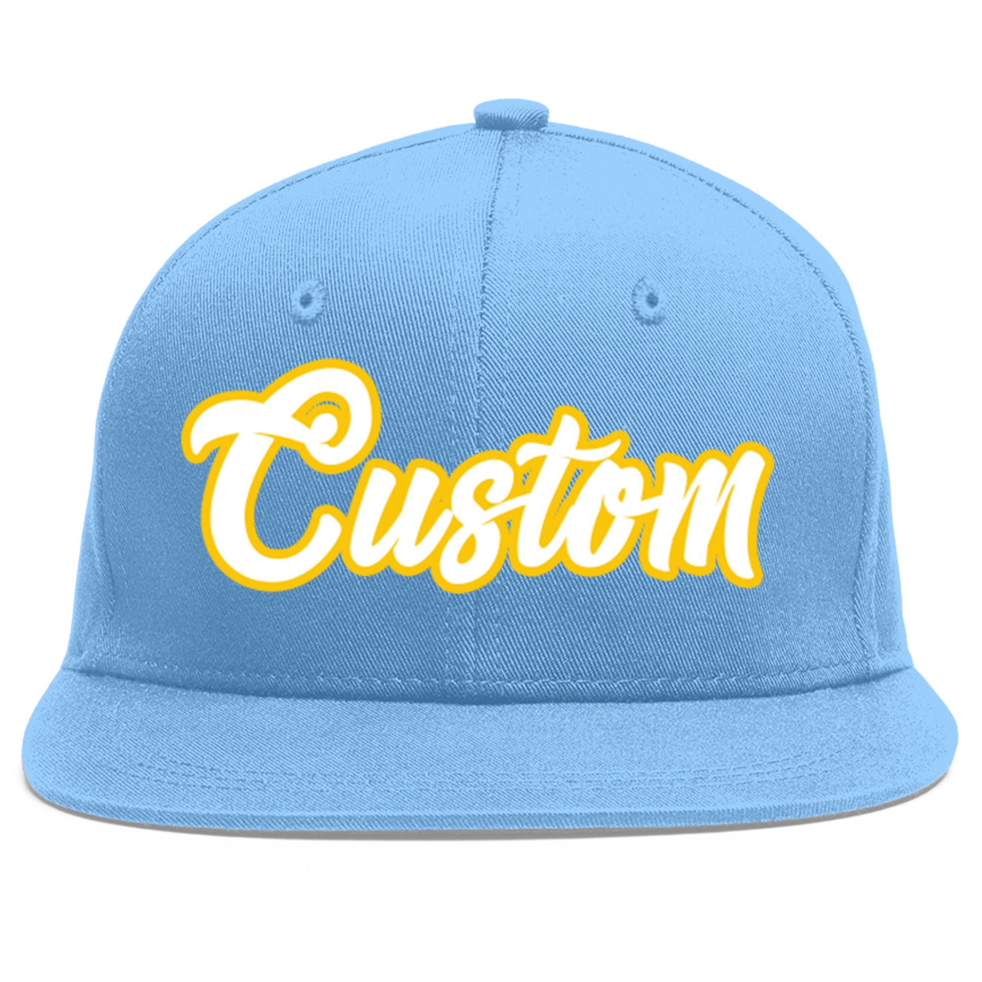 Custom Light Blue White-Gold Flat Eaves Sport Baseball Cap