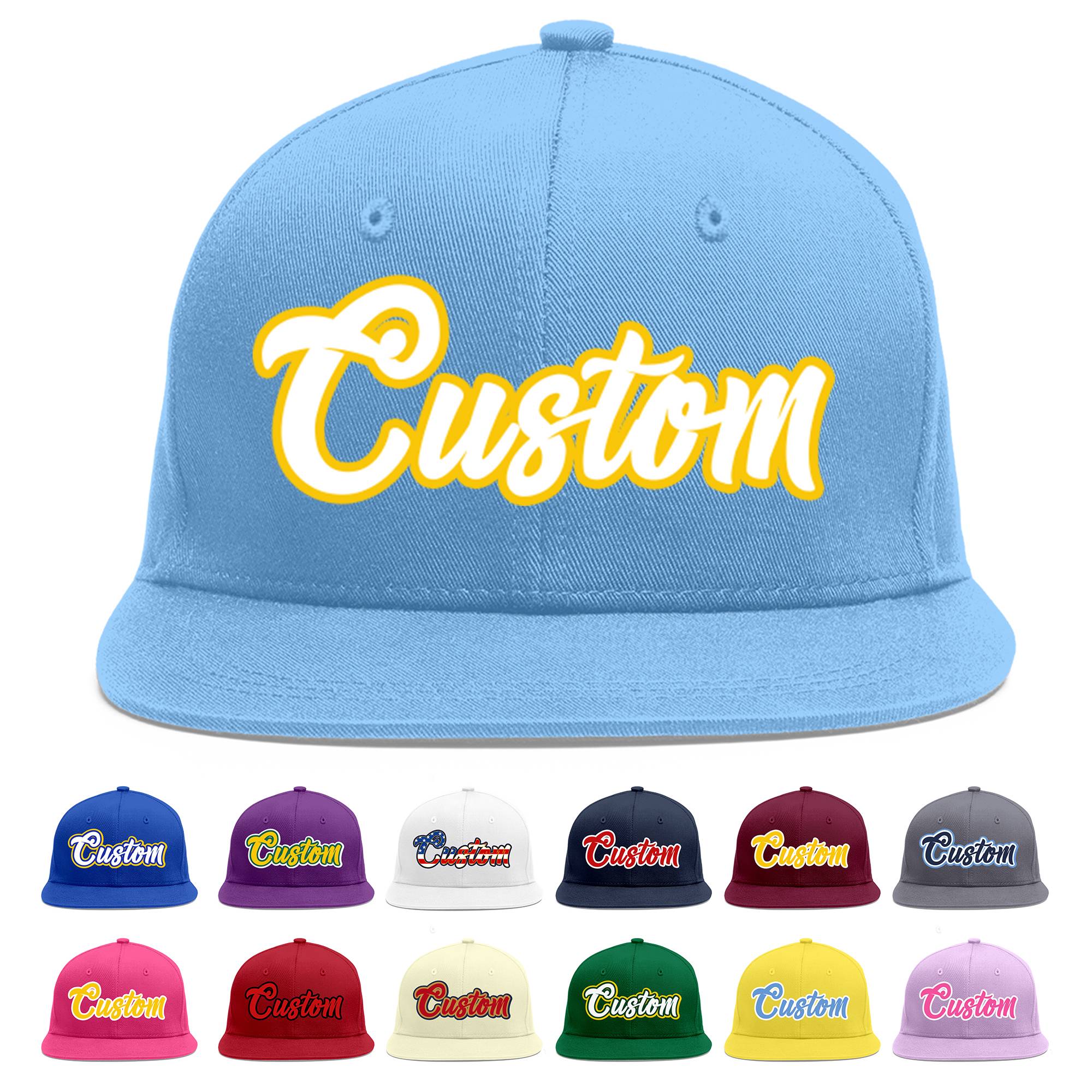 Custom Light Blue White-Gold Flat Eaves Sport Baseball Cap