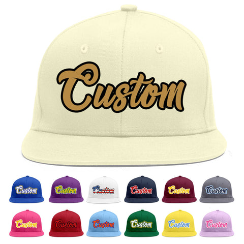 Custom Cream Old Gold-Black Flat Eaves Sport Baseball Cap