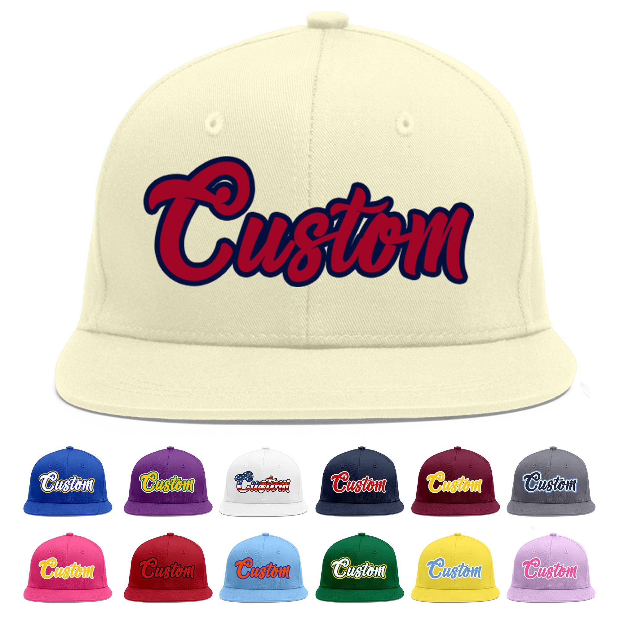 Custom Cream Red-Navy Flat Eaves Sport Baseball Cap