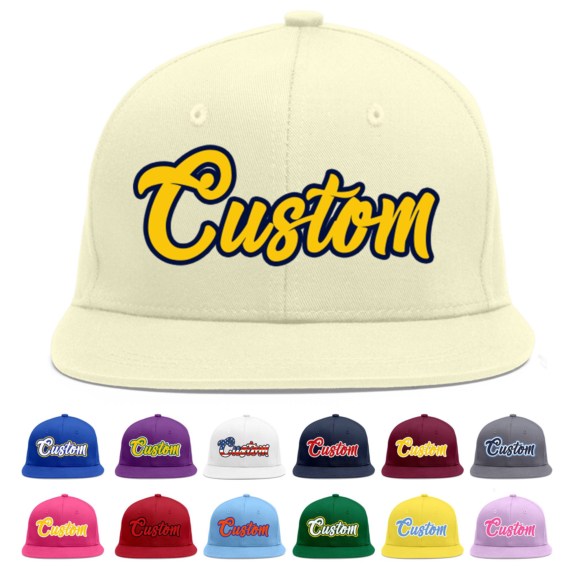 Custom Cream Gold-Navy Flat Eaves Sport Baseball Cap