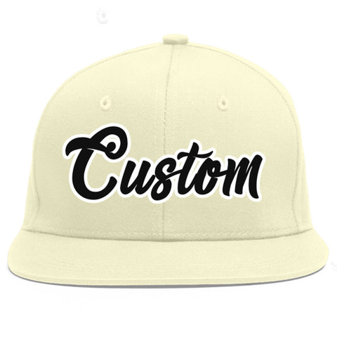 Custom Cream Black-White Flat Eaves Sport Baseball Cap