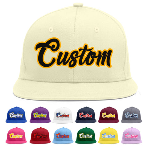 Custom Cream Black-Yellow Flat Eaves Sport Baseball Cap