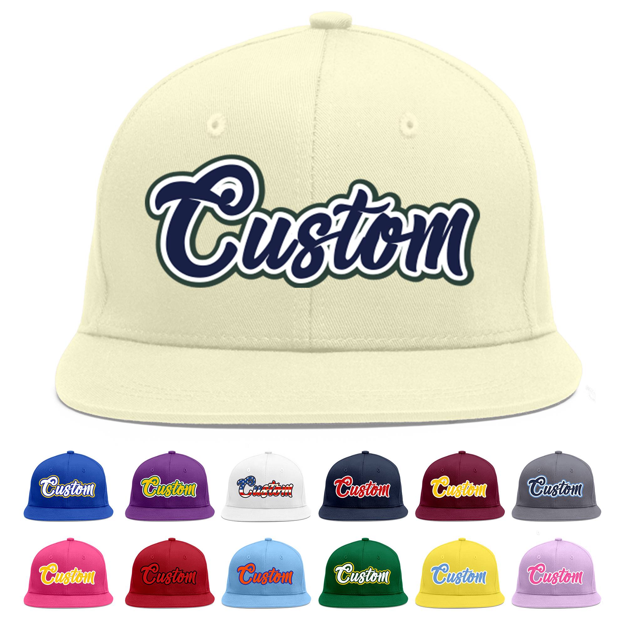 Custom Cream Navy-White Flat Eaves Sport Baseball Cap