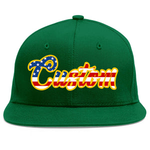 Custom Green Vintage USA Flag-Gold Flat Eaves Sport Baseball Cap