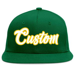 Custom Green White-Gold Flat Eaves Sport Baseball Cap