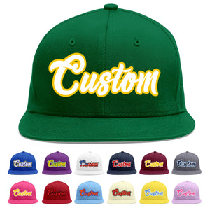 Custom Green White-Gold Flat Eaves Sport Baseball Cap