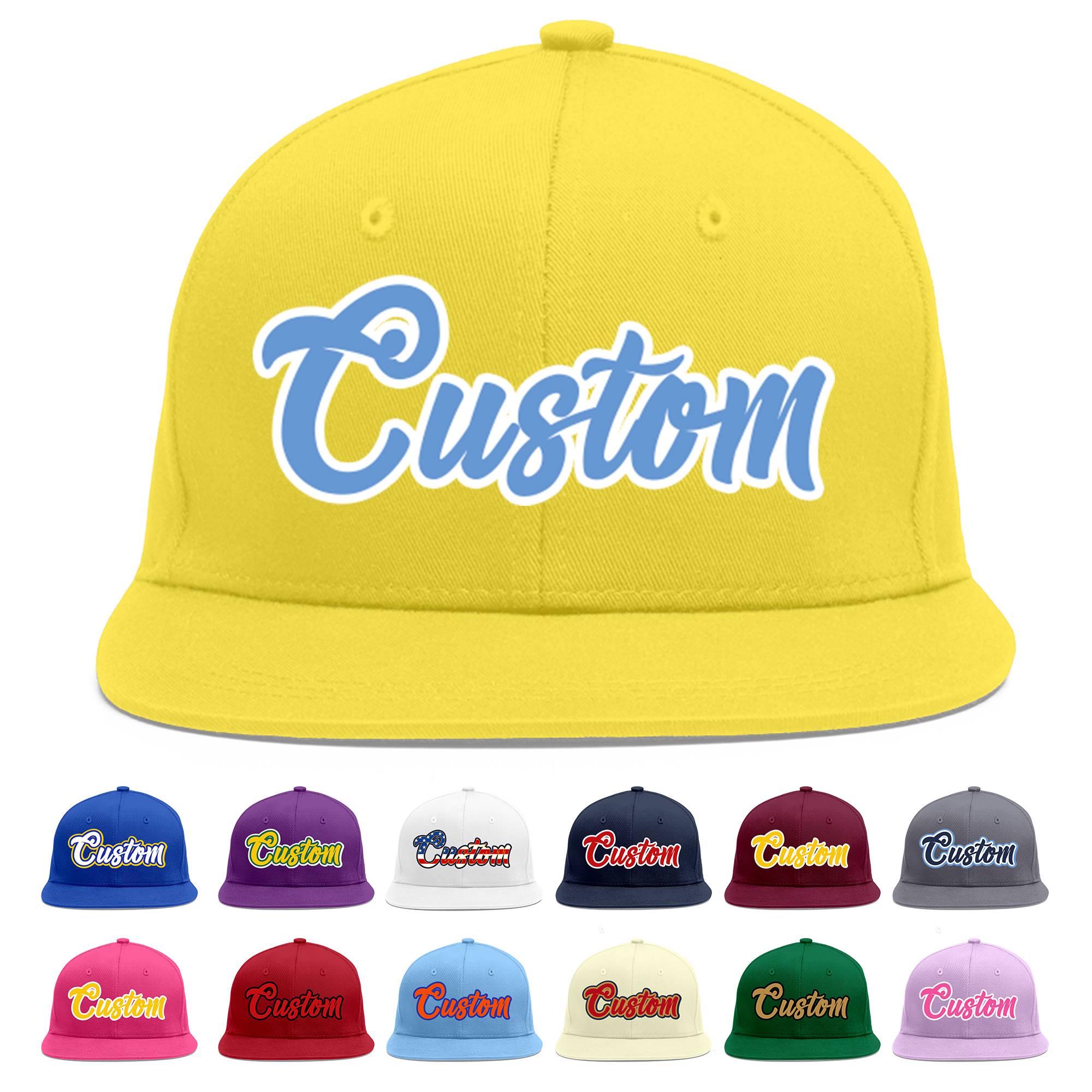 Custom Light Gold Light Blue-White Flat Eaves Sport Baseball Cap