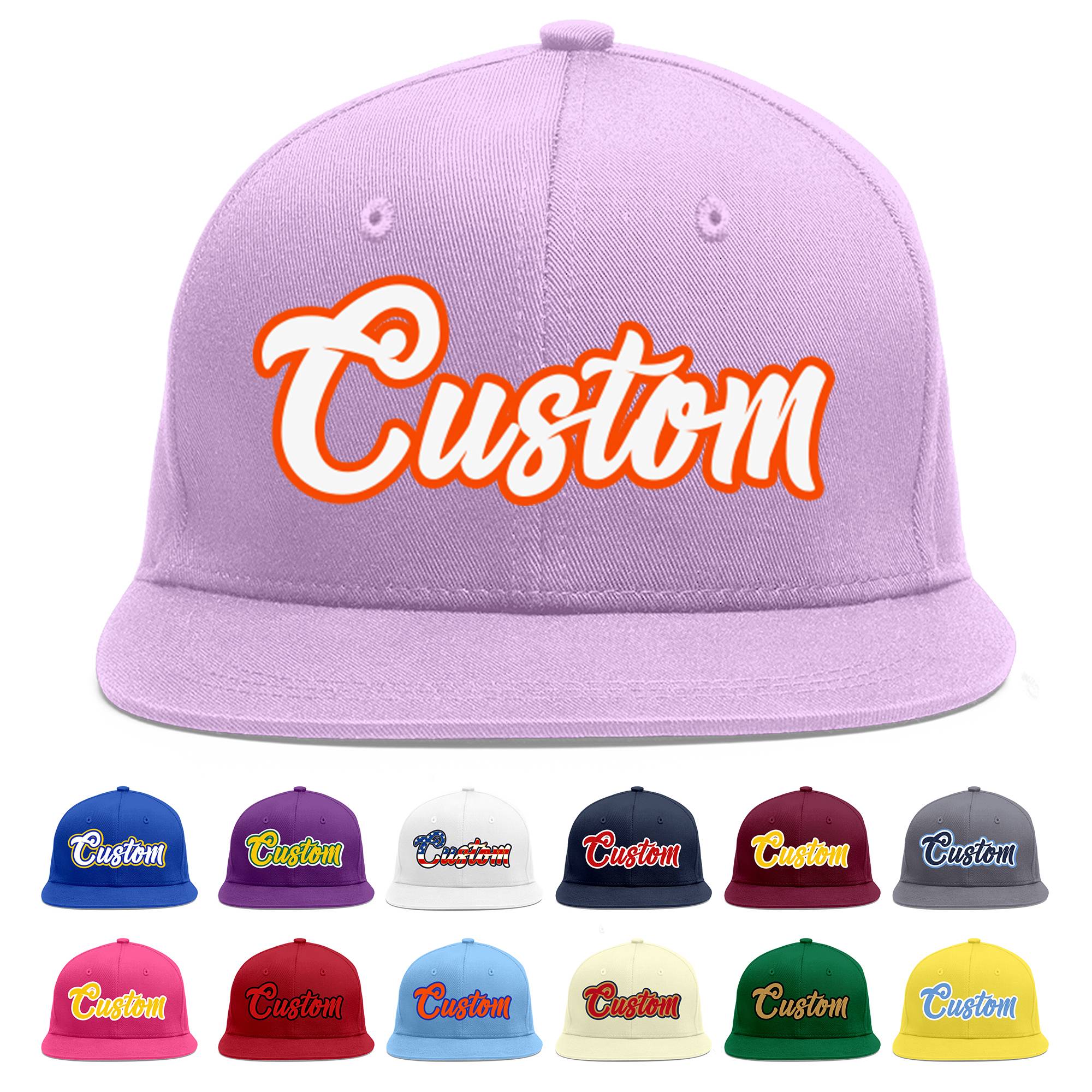 Casquette de baseball sport personnalisée violet clair blanc-orange à avant-toit plat