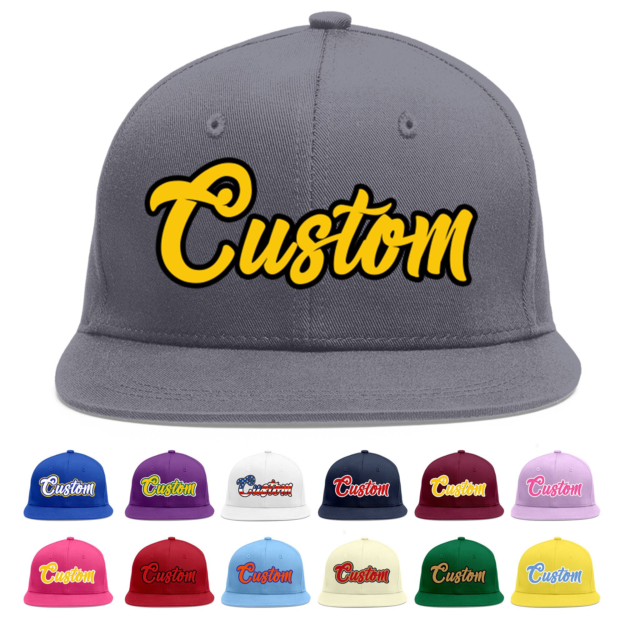 Custom Dark Gray Gold-Black Flat Eaves Sport Baseball Cap